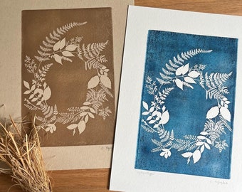 Botanical Linocut Art | Cyanotype Wreath Print | Nature Inspired Art | Block Printed Wall Decor | Sepia Nature Print | Flower Linocut Art