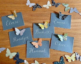 Butterfly Place Cards - Dusty Blue, Custom Calligraphy, Wedding Table Decor, Bridal Shower