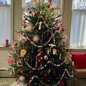 May include: A Christmas tree decorated with red ornaments, candy canes, and straw stars. The tree is in a room with a window and a wicker chair with a red pillow.
