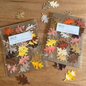 K&ouml;nnte beinhalten: Zwei Packungen handgefertigter Papierblattgirlanden in Herbstfarben. Jede Girlande ist 183 cm lang und enth&auml;lt Bl&auml;tter in Orange-, Gelb-, Braun- und Cremet&ouml;nen. Die Packungen sind mit "Wren handmade" beschriftet und bestehen aus recyceltem Papier.