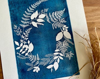 Floral Print Artwork | Cyanotype Wreath Print | Nature Inspired Art | Block Printed Wall Decor | Gift for Mom | Mothers Day Art