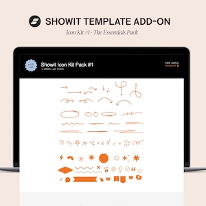 May include: A laptop screen shows a Showit Icon Kit, featuring orange line-drawn icons such as arrows, circles, and stars. The screen displays the text "Showit Icon Kit Pack #1". The kit is titled "The Essentials Pack".
