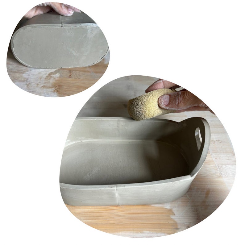 Puede incluir: Un plato ovalado de cer&aacute;mica con un asa en un lado. El plato se est&aacute; alisando con una esponja amarilla.