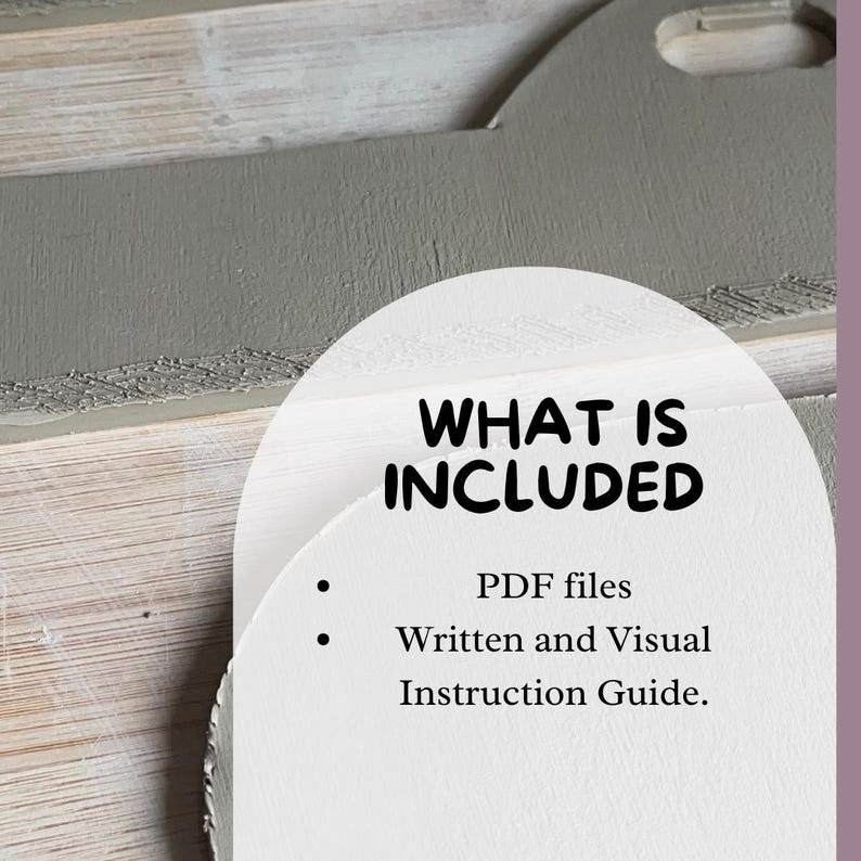 Puede incluir: Una tarjeta blanca con el texto "What is Included" y una lista de elementos: archivos PDF, gu&iacute;a de instrucciones escrita y visual.