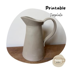 May include: A light gray ceramic pitcher with a curved handle and a wide spout. The text "Printable Template" appears at the top, and a small graphic with the text "Pottery pattern" is located in the bottom right corner of the image.
