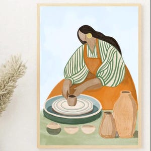 May include: A woman in a striped shirt and orange skirt sits at a pottery wheel, shaping a small clay pot.  She is surrounded by other pottery pieces, including a large brown vase and three smaller bowls.