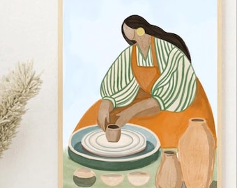 Pottery Wheel Art Print | Woman Potter Illustration (Digital Download)