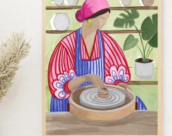 Pottery Studio Art Print | Woman at Wheel, Boho Decor (Digital Download)