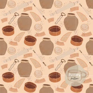 May include: A repeating pattern of pottery tools and vessels in shades of brown and beige. The design includes rolling pins, pottery jars, small bowls, and pottery tools. The text "Pottery pattern" is in a mug graphic.