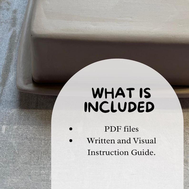 K&ouml;nnte beinhalten: Ein wei&szlig;er Hintergrund mit einem wei&szlig;en Kreis, der den Text "WHAT IS INCLUDED" enth&auml;lt, und einer Liste der enthaltenen Elemente: PDF-Dateien, schriftliche und visuelle Anleitung.