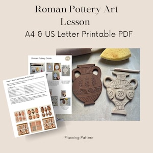 May include: Printable lesson plan for Roman pottery art, featuring two clay pots with different designs and a guide sheet with instructions and examples. The guide sheet includes the text "Roman Pottery Guide" and "Lesson 1: Drawing and Designing the Roman Vase".