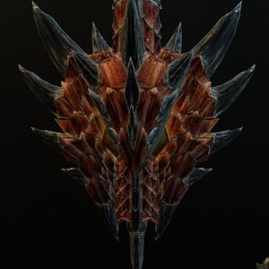 Puede incluir: Objeto simétrico y puntiagudo sobre fondo oscuro. Presenta un diseño en capas con elementos marrón rojizo y negro, que se asemeja a un escudo estilizado o pieza decorativa. Las puntas son de color gris oscuro.