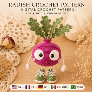 Modèle PDF de radis amigurumi au crochet, tutoriel de poupée légume câblée, cinq langues