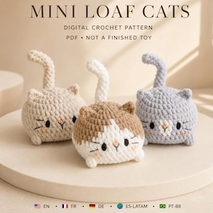 Haakpatroon voor een mini-broodkatje (PDF), variaties op amigurumi, handleiding voor het in elkaar zetten van het lijfje zonder naaien.