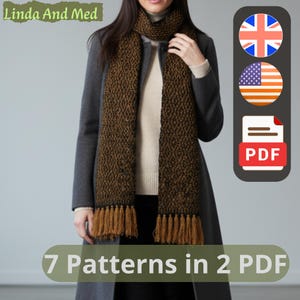Könnte beinhalten: Ein braun-schwarzer, strukturierter Schal mit Fransen, getragen über einem grauen Mantel. Der Schal hat ein sich wiederholendes Muster und ist um den Hals gewickelt. Das Bild enthält den Text "7 Patterns in 2 PDF".