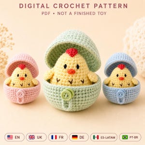 Easter Chick in Egg Crochet Pattern, Mini Amigurumi PDF with Buttoned Eggshell