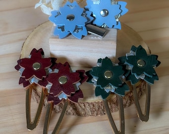 Grampo de cabelo com flor de couro em um conjunto de 2, acessórios de cabelo florais, grampos de cabelo feitos de couro, prata e ouro, grampos de cabelo sustentáveis de upcycling