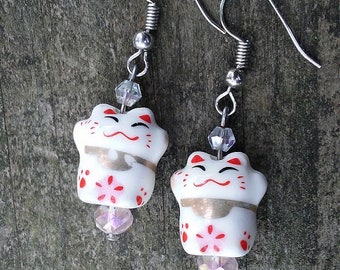Maneki Neko Happy Cat Lucky Cat Earrings, Crystal Accent Ceramic Beaded Earrings, Handmade Dangle Boho Earrings, Graduation Gift