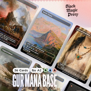Pode incluir: Um conjunto de cartas proxy de Magic: The Gathering com várias obras de arte de paisagens e retratos. As cartas incluem texto como "Ketria Triome", "Emerald Medallion" e "Tropical Island". A frase "36 Cards No AI" também é visível.