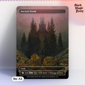 Op de afbeelding: Een kaart met de titel "Ancient Tomb" toont een donker, gotisch landschap met een kasteel en bomen. De kaart is gemarkeerd met "Land" en bevat de tekst "Add. This land deals 2 damage to you."