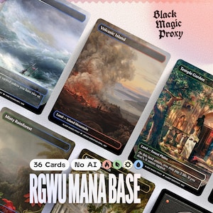 Pode incluir: Uma coleção de cartas colecionáveis de fantasia com arte de paisagens. As cartas exibem cenas de um mar tempestuoso, uma erupção vulcânica e um jardim de um templo. O texto "Black Magic Proxy" e "RGWU MANA BASE" são visíveis.