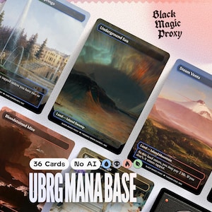 Pode incluir: Uma coleção de cartas proxy de Magic: The Gathering com vários tipos de terreno. As cartas exibem obras de arte de paisagens, com texto indicando o tipo de terreno e as regras. O conjunto inclui 36 cartas e o texto "UBRG MANA BASE".