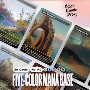 Pode incluir: Uma coleção de cartas de base de mana de cinco cores com arte de paisagens. As cartas apresentam vários terrenos, incluindo uma cena de rio, um arco de rocha e um mar tempestuoso. O texto nas cartas inclui "Mana Confluence" e "Underground Sea". A imagem também exibe "36 Cartas" e "FIVE-COLOR MANA BASE".
