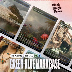 Könnte beinhalten: Eine Sammlung rechteckiger Sammelkarten mit künstlerischen Illustrationen von Landschaften und Schmuck. Die Karten zeigen Text, darunter Black Magic Proxy, Misty Rainforest, Breeding Pool, Emerald Medallion und Green-Blue Mana Base. Die Karten sind in einer Gruppe mit sichtbaren Rändern und detaillierten Grafiken angeordnet.