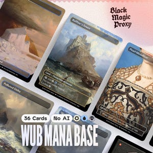 Pode incluir: Uma coleção de 36 cartas colecionáveis com arte de fantasia. As cartas apresentam várias paisagens e retratos, com textos como "Plains Island", "Raffine's Tower" e "Pearl Medallion". As palavras "Black Magic Proxy" e "WUB MANA BASE" também são visíveis.