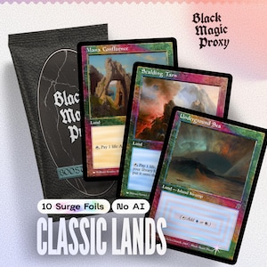 May include: A collection of Magic: The Gathering cards, including "Mana Confluence," "Scalding Tarn," and "Underground Sea." The cards are displayed with a black booster pack and the text "CLASSIC LANDS."