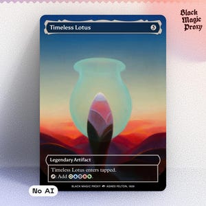 May include: A card featuring the text "Timeless Lotus" with a stylized illustration of a lotus flower and a vase. The card has a black border and the text "Legendary Artifact". The background is a gradient of colors.