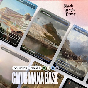 Pode incluir: Uma coleção de cartas de arte fantástica com várias paisagens, incluindo uma ilha tropical, um pântano e uma cena costeira. As cartas são rotuladas com texto e as palavras "Black Magic Proxy" são visíveis. O texto "GWUB MANA BASE" também está presente.