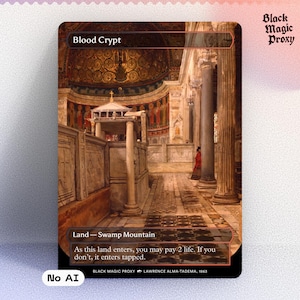Könnte beinhalten: Eine Karte mit dem Text "Blood Crypt" und "Land - Swamp Mountain" über einem Gemälde einer Krypta. Die Karte hat den Text "As this land enters, you may pay 2 life. If you don't, it enters tapped."