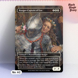 May include: A custom Magic: The Gathering card featuring a painting of a knight in silver armor embracing a woman with a floral crown. The card is labeled "Ranger-Captain of Eos" and includes game text and a power/toughness of 3/3.