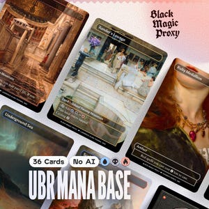 Pode incluir: Uma coleção de cartas proxy de Magic: The Gathering, com várias obras de arte e tipos de cartas. As cartas incluem "Swamp Mountain", "Xander's Lounge" e "Ruby Medallion". O texto "36 Cards No AI UBR MANA BASE" também é visível.