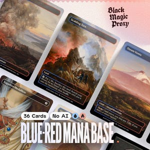 Könnte beinhalten: Eine Sammlung von sechsunddreißig Sammelkarten mit künstlerischen Landschaftsdarstellungen, darunter Scalding Tarn, Steam Vents und Sapphire Medallion. Die Karten zeigen Textbeschriftungen, Spielmechaniken und klassische Gemälde als blau-rotes Mana-Basis-Set.