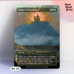 Peut inclure: Carte Magic: The Gathering "Finale of Devastation" avec une illustration fantastique. La carte présente une silhouette sur un nuage avec un fond flamboyant. Le texte décrit un sort de sorcellerie, avec "Black Magic Proxy".
