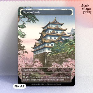 Può includere: Una carta con un'illustrazione di un castello giapponese, intitolata "Eiganjo Castle". La carta recita "Legendary Land" e presenta un edificio a più livelli, un muro di pietra, fiori di ciliegio e fogliame verde. Il testo "Black Magic Proxy" è anch'esso visibile.