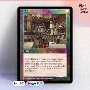 May include: A rectangular trading card titled Scroll Rack with a holographic foil finish. The card features an illustration of a library interior with open books on stands. Text includes the name, mana cost, artifact type, and game rules text.