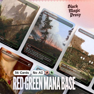 Könnte beinhalten: Eine Sammlung rechteckiger Sammelkarten mit künstlerischen Landschaftsdarstellungen und Textbeschriftungen wie Wooded Foothills, Stomping Ground und Ruby Medallion. Die Karten zeigen Spielmechaniken, Manasymbole sowie den Text Black Magic Proxy, 36 Cards, No AI und RED-GREEN MANA BASE.