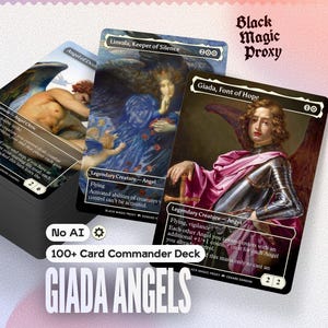 Pode incluir: Um baralho de cartas personalizadas com obras de arte com tema de anjos. As cartas exibem ilustrações detalhadas com texto, incluindo "Angel of Death", "Linvala, Keeper of Silence" e "Giada, Font of Hope". O texto "Black Magic Proxy" e "Giada Angels" também é visível.