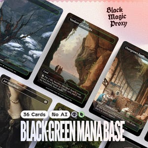 Könnte beinhalten: Ein Set aus 36 Black Magic Proxy Spielkarten mit klassischer Kunst, darunter Verdant Catacombs, Overgrown Tomb und Jet Medallion. Die Karten zeigen schwarze Ränder, detaillierte Landschaftsillustrationen und Textbeschriftungen für Land- und Artefakt-Typen.