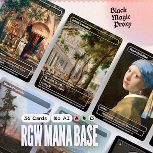 Könnte beinhalten: Eine Sammlung rechteckiger Sammelkarten mit klassischen Kunstdrucken. Die Karten zeigen Titel wie Jetmir's Garden, Pearl Medallion und Wooded Foothills. Der Text umfasst Black Magic Proxy, 36 Cards, No AI und RGW MANA BASE.