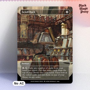 May include: A rectangular trading card titled Scroll Rack featuring an illustration of a wooden book stand in a library. The card text includes the word Artifact and game instructions. The design has a dark border and a black bottom section.