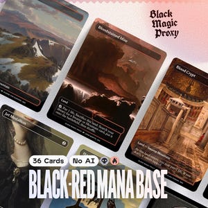 Könnte beinhalten: Eine Sammlung rechteckiger Sammelkarten mit künstlerischen Illustrationen von Landschaften und Innenräumen. Die Karten zeigen Text wie Bloodstained Mire, Blood Crypt und Jet Medallion sowie das Etikett Black Magic Proxy.