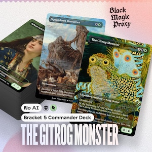 May include: A stack of three custom trading cards featuring artwork of a human wizard, a rocky landscape, and a colorful frog monster. The cards are labeled Sylvan Safekeeper, Squandered Resources, and The Gitrog Monster, with text Black Magic Proxy.