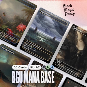 Pode incluir: Uma coleção de cartas personalizadas de Magic: The Gathering, com várias artes de paisagens e retratos. As cartas incluem texto como "Zagoth Triome" e "Jet Medallion". A frase "Black Magic Proxy" é visível no canto superior direito e "BGU Mana Base" na parte inferior.