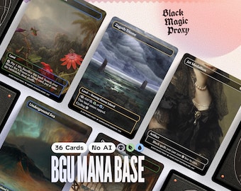 Könnte beinhalten: Eine Sammlung von benutzerdefinierten Magic: The Gathering-Karten mit verschiedenen Landschafts- und Porträtkunstwerken. Die Karten enthalten Texte wie "Zagoth Triome" und "Jet Medallion". Der Schriftzug "Black Magic Proxy" ist oben rechts zu sehen, und "BGU Mana Base" unten.