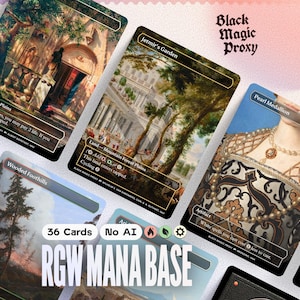 Pode incluir: Uma coleção de cartas colecionáveis de fantasia com obras de arte detalhadas. As cartas mostram várias paisagens, retratos e texto. O texto inclui nomes de cartas, habilidades e a frase "Black Magic Proxy". O conjunto inclui 36 cartas e é rotulado como "No AI".