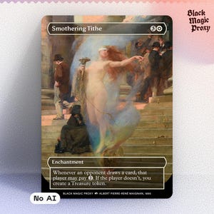 Puede incluir: Una carta personalizada con la obra de arte "Smothering Tithe" de Albert Pierre-Rene Maignan, 1895. La carta tiene un borde negro e incluye el texto "Encantamiento" y las reglas del juego. La imagen muestra una figura desnuda con cabello rojo ondeante y una venda.